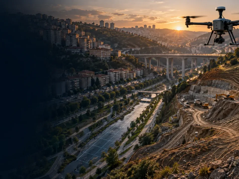 Kâğıthane vadi, dere koridoru, viyadük ve dik yamaç şantiyesinde çalışan haritalama dronu