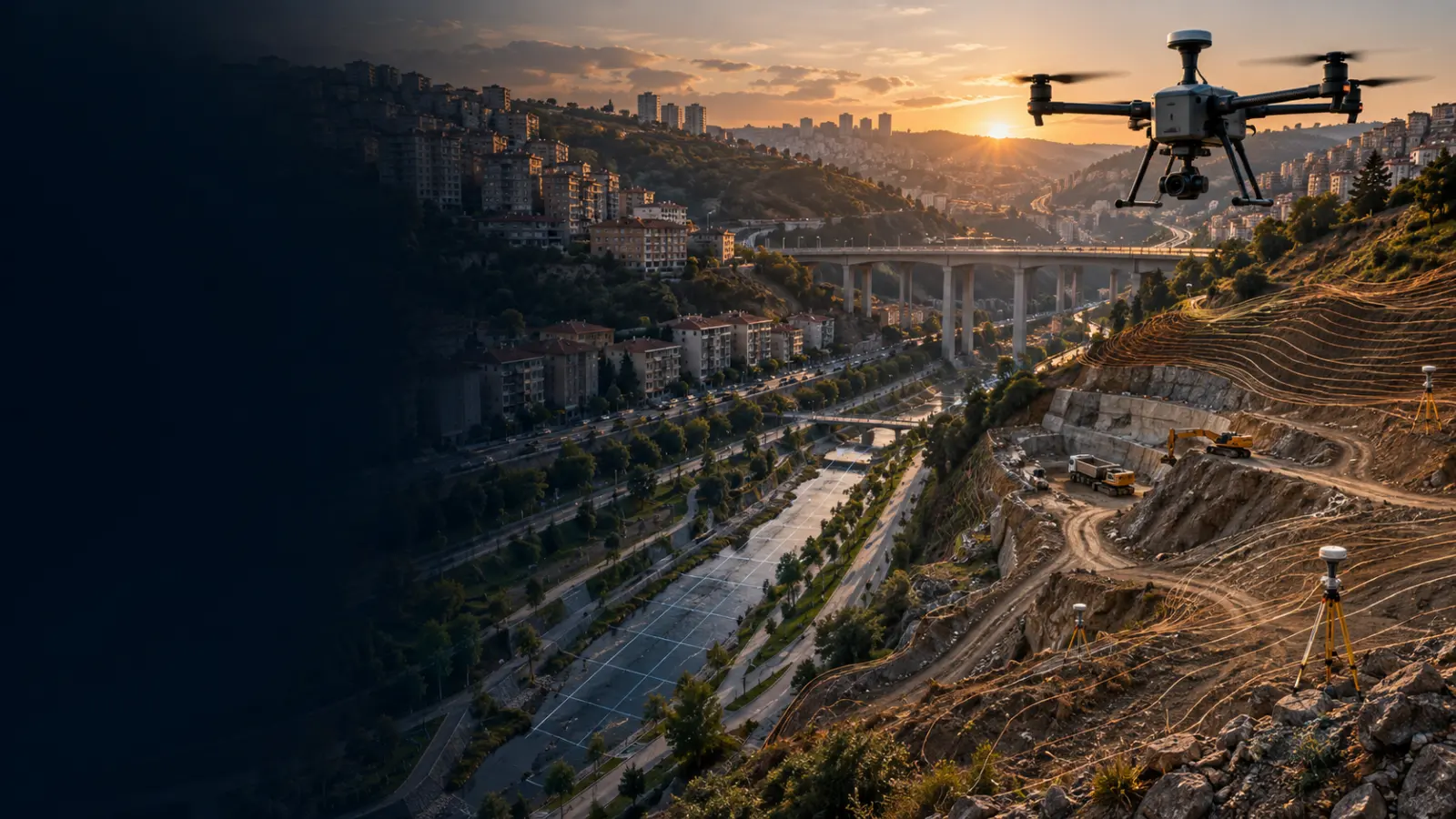 Kâğıthane vadi, dere koridoru, viyadük ve dik yamaç şantiyesinde çalışan haritalama dronu