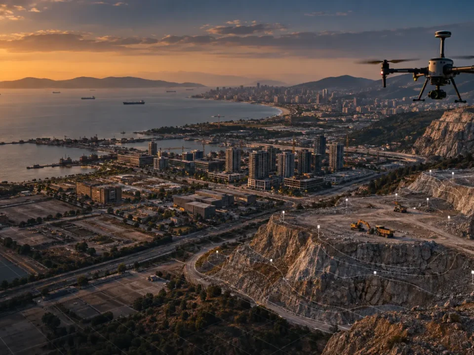 Kartal kıyı ovası, dönüşüm sahası ve kayalık yamaçta çalışan RTK haritalama dronu