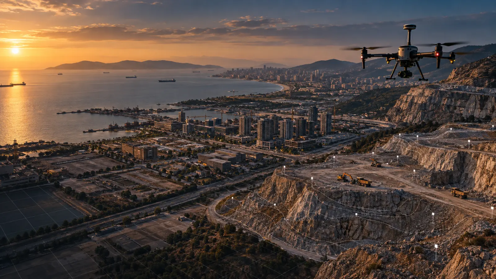 Kartal kıyı ovası, dönüşüm sahası ve kayalık yamaçta çalışan RTK haritalama dronu