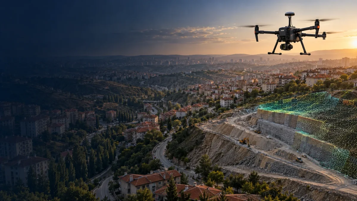 Keçiören eğimli yerleşim dokusu ve açık şantiye yüzeyini kaydeden RTK dron temsili