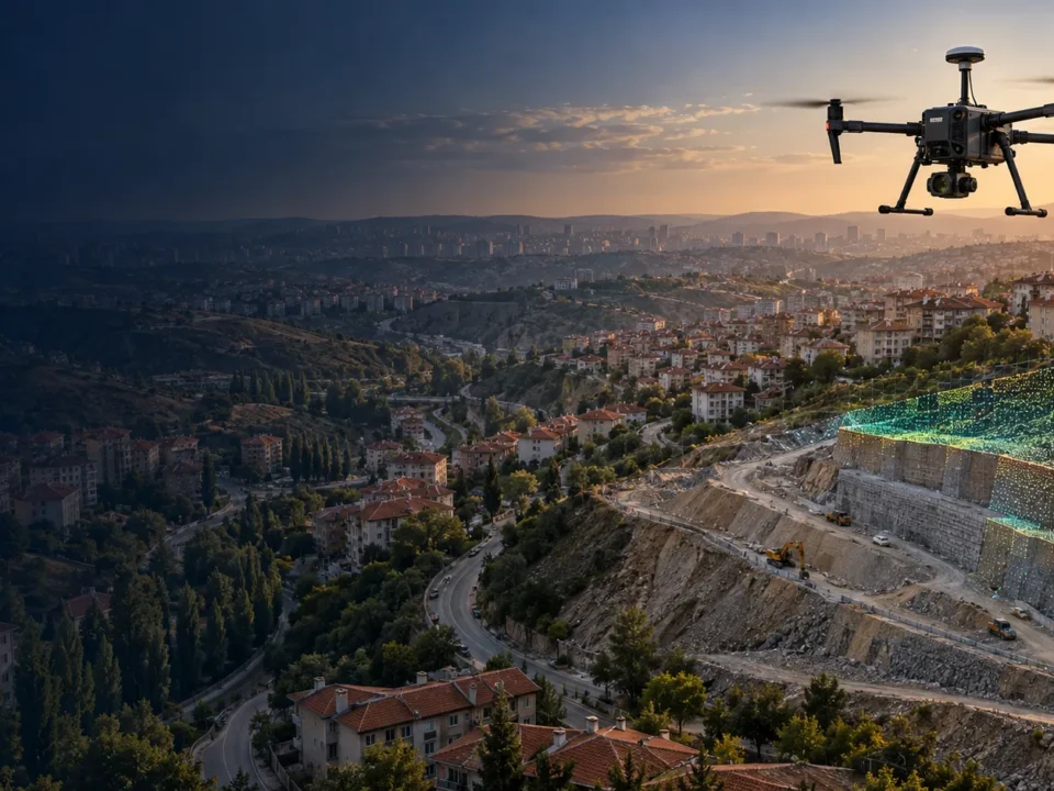Keçiören eğimli yerleşim dokusu ve açık şantiye yüzeyini kaydeden RTK dron temsili