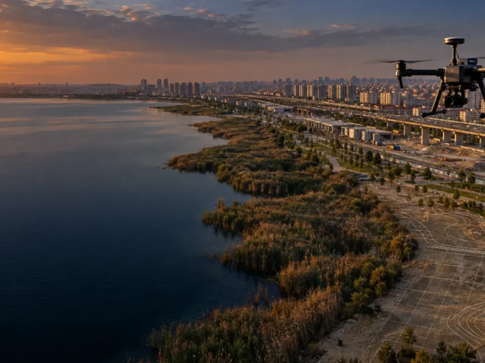 Küçükçekmece göl kıyısı, ulaşım koridoru ve açık şantiye üzerinde haritalama yapan RTK dron