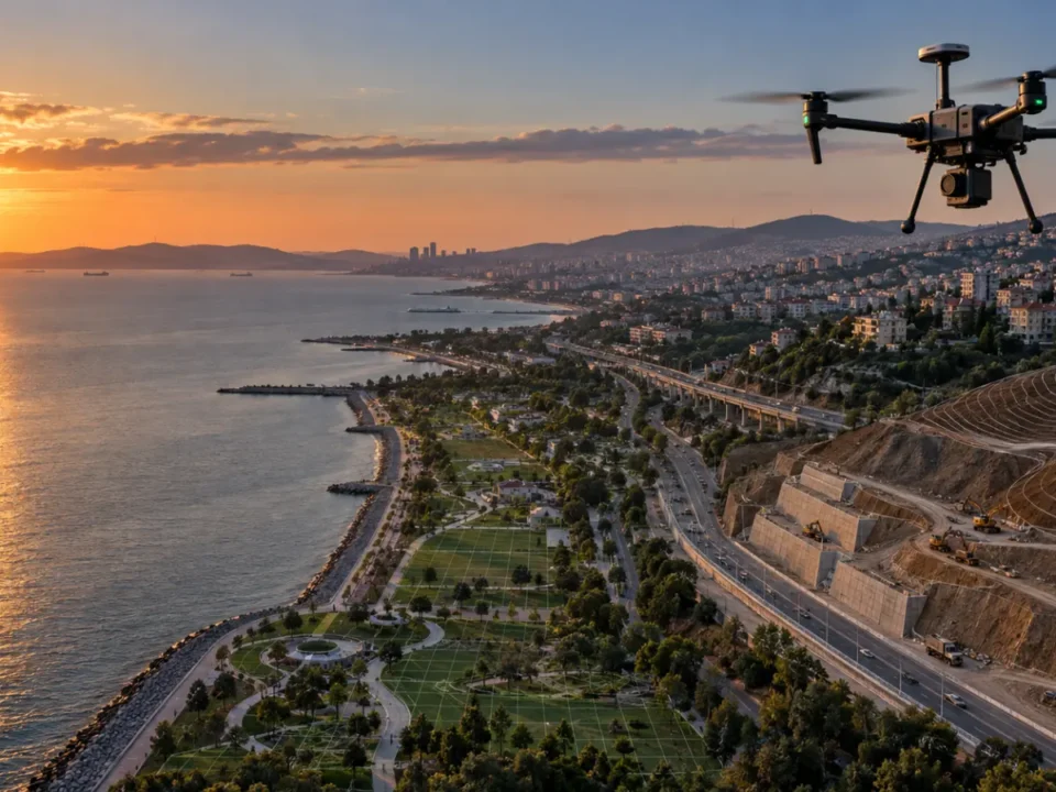 Maltepe sahil parkı ve eğimli şantiye alanında ölçüm yapan fotogrametri dronu