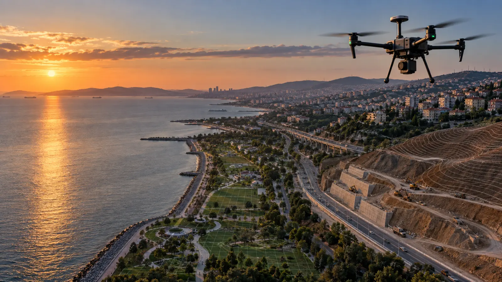 Maltepe sahil parkı ve eğimli şantiye alanında ölçüm yapan fotogrametri dronu