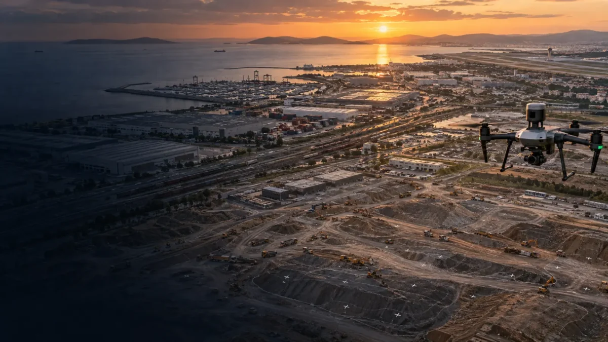 Pendik kıyısı, lojistik alanı ve açık şantiye üzerinde haritalama yapan RTK dron