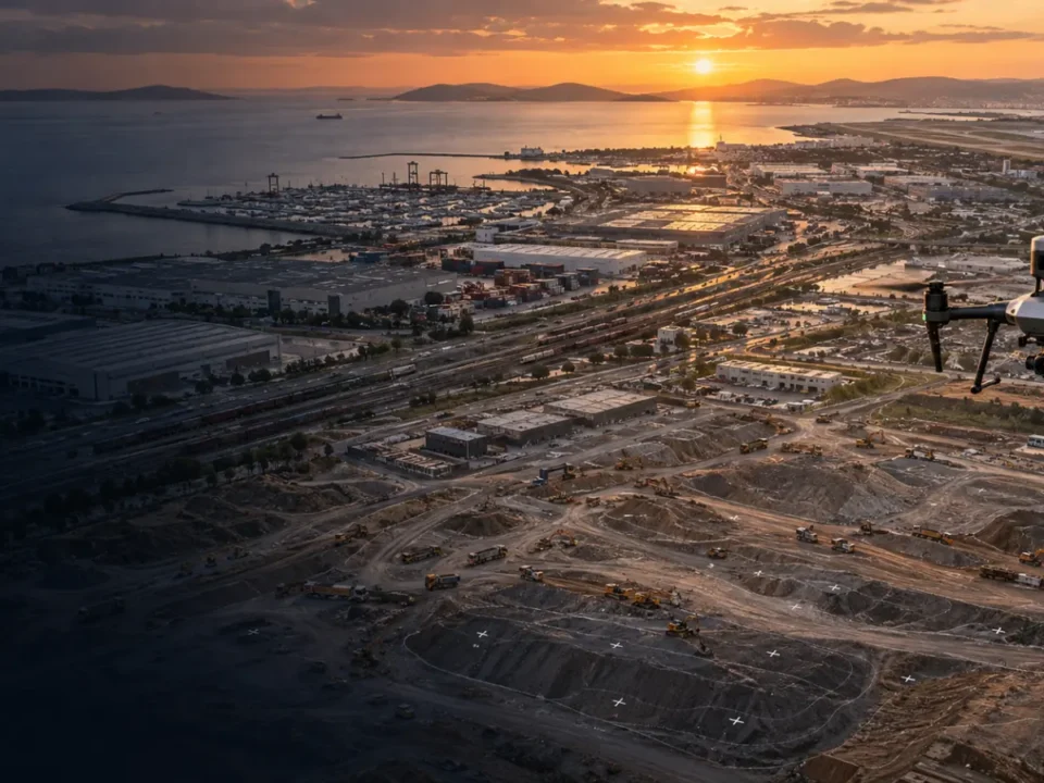 Pendik kıyısı, lojistik alanı ve açık şantiye üzerinde haritalama yapan RTK dron