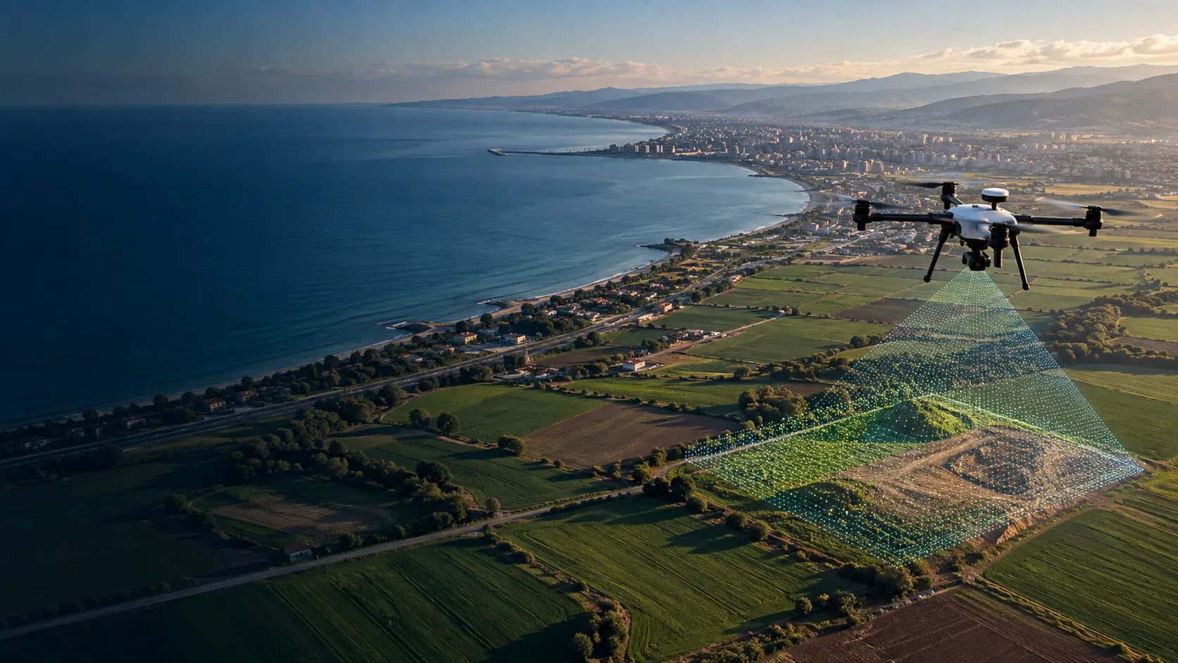 Samsun kıyı ve ova bağlamında açık çalışma alanını ölçen RTK haritalama dronu temsili