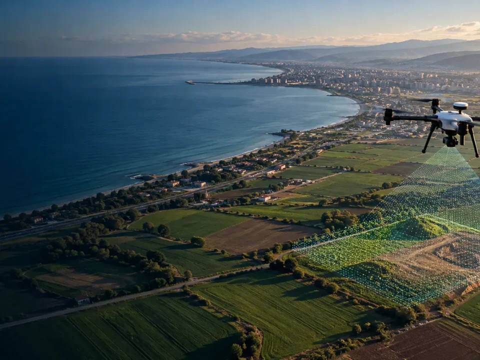 Samsun kıyı ve ova bağlamında açık çalışma alanını ölçen RTK haritalama dronu temsili