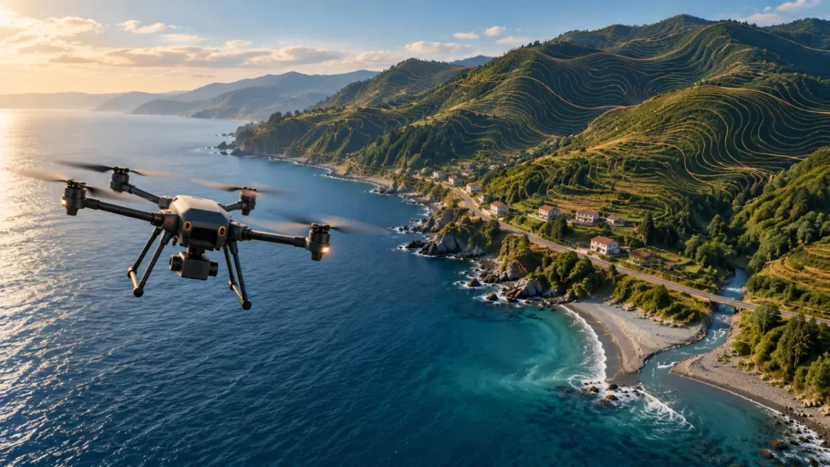 Deniz kıyısı ve yeşil yamacın üzerinde drone bulunan temsilî haritalama görseli