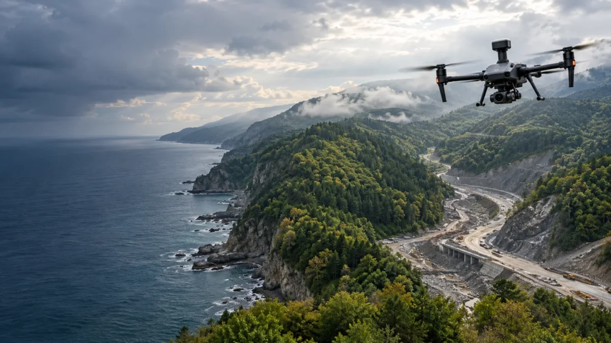 Ayancık orman-kıyı geçişinde açık koridoru ölçen RTK haritalama dronu temsili