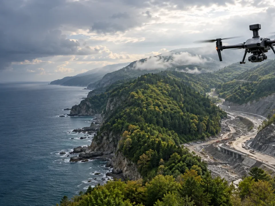 Ayancık orman-kıyı geçişinde açık koridoru ölçen RTK haritalama dronu temsili