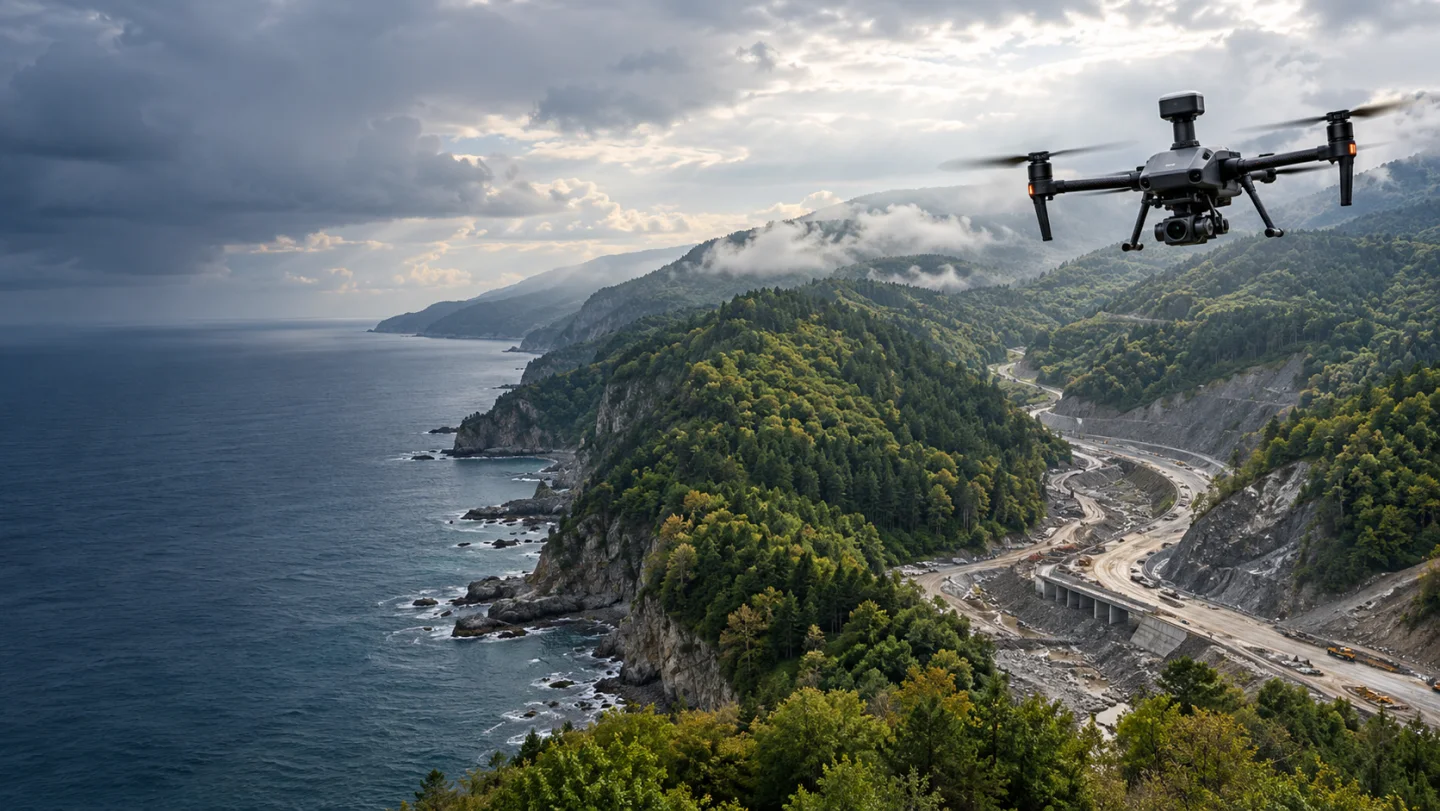Ayancık orman-kıyı geçişinde açık koridoru ölçen RTK haritalama dronu temsili