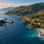 Deniz kıyısı, yeşil yamaçlar ve drone içeren temsilî yüzey haritalama görseli