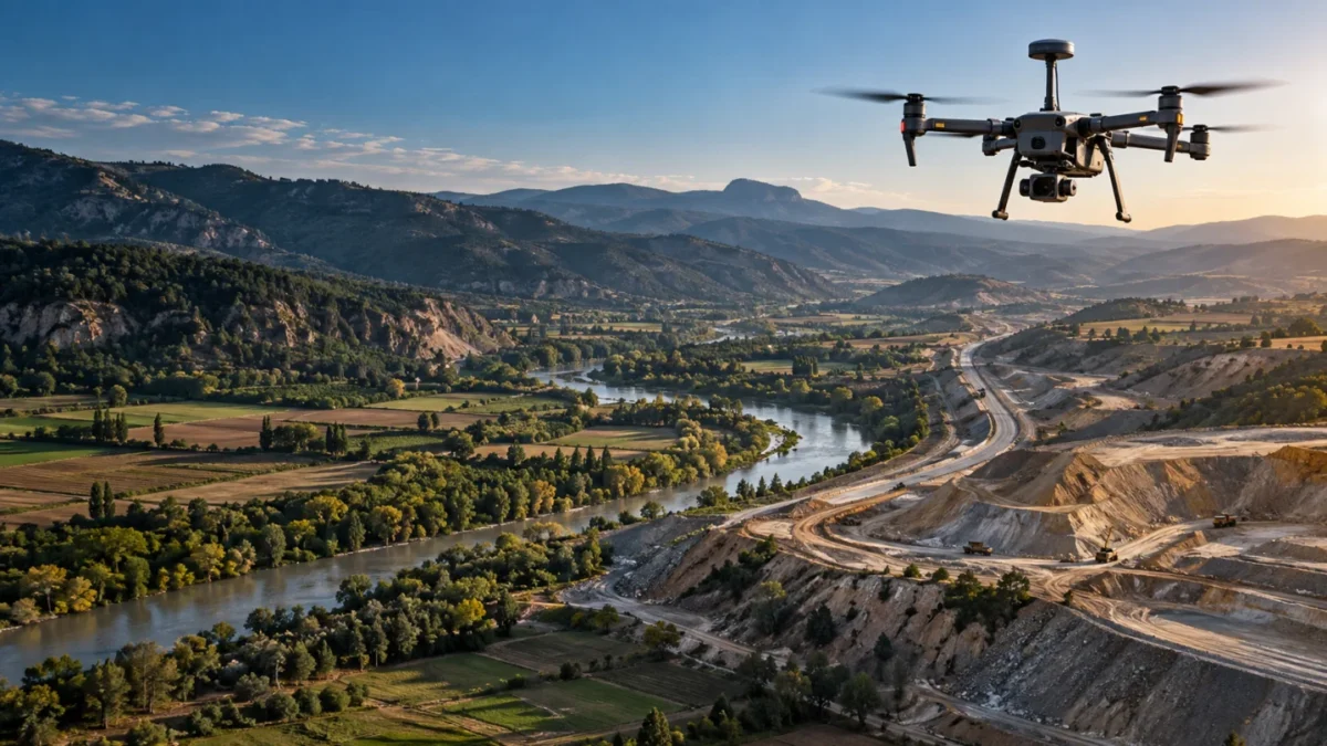 Boyabat vadisinde açık arazi ve şantiye alanını ölçen RTK haritalama dronu temsili