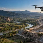 Boyabat vadisinde açık arazi ve şantiye alanını ölçen RTK haritalama dronu temsili