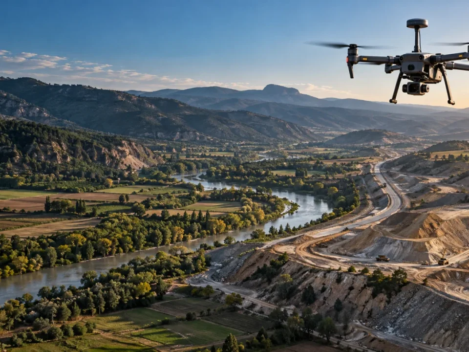 Boyabat vadisinde açık arazi ve şantiye alanını ölçen RTK haritalama dronu temsili
