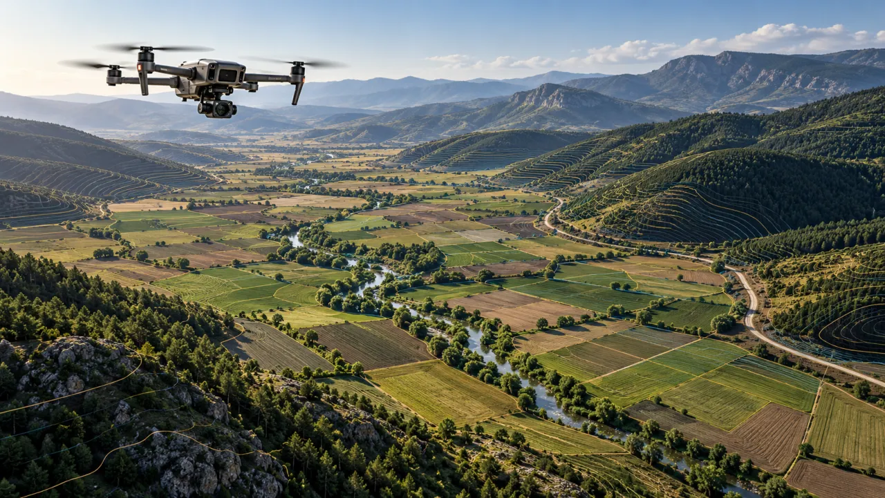 Temsilî Devrekani drone ile haritalama görseli: açık ova ve tesis çevresinde kot ölçümü