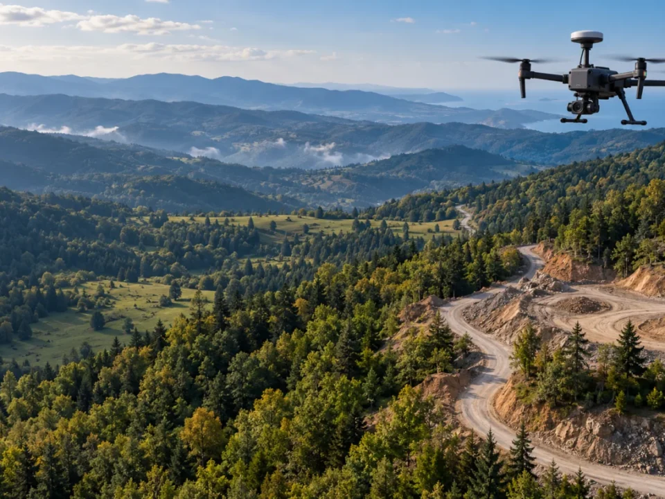 Dikmen yüksek arazisinde yol koridorunu ölçen RTK haritalama dronu temsili