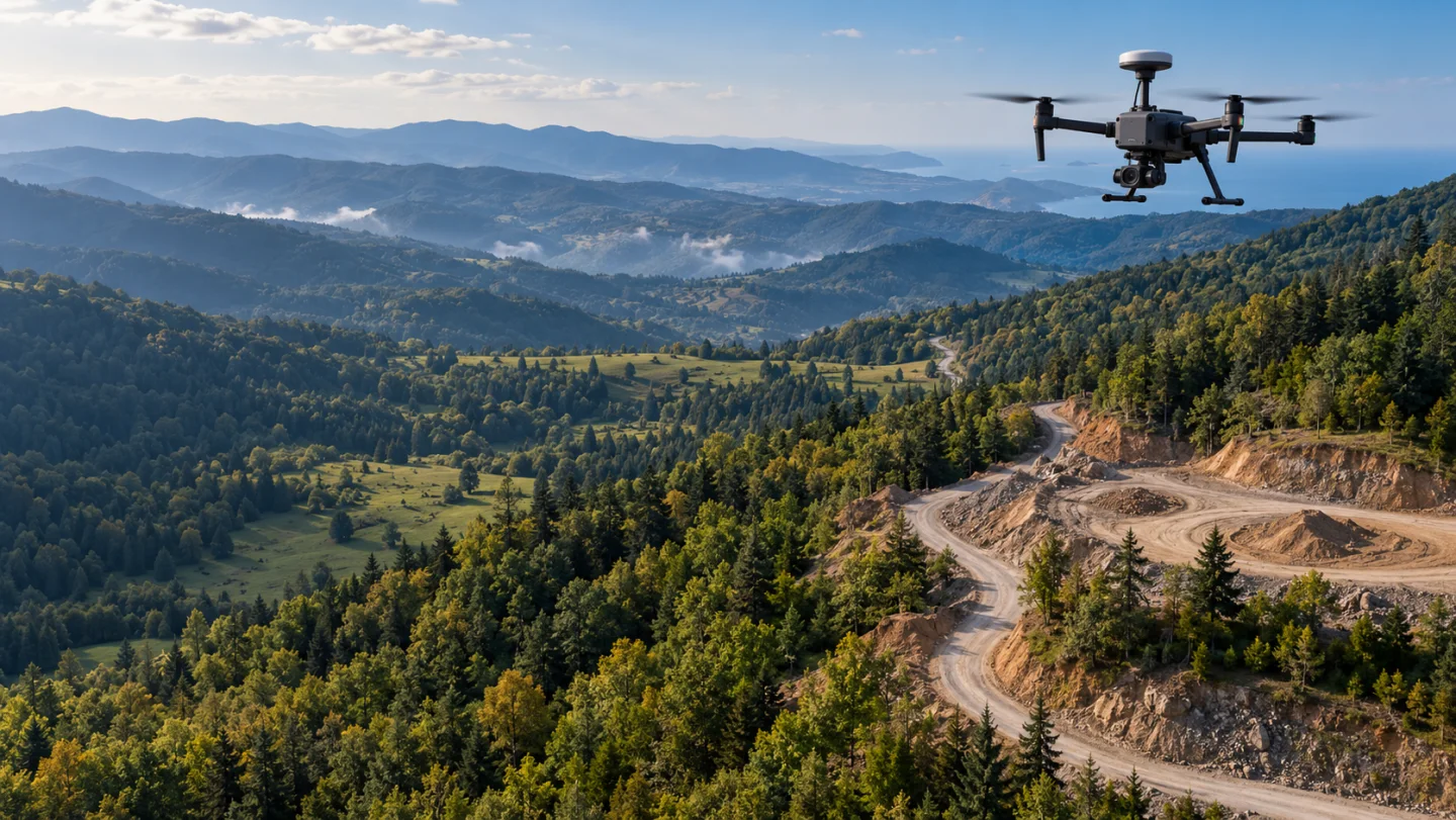 Dikmen yüksek arazisinde yol koridorunu ölçen RTK haritalama dronu temsili