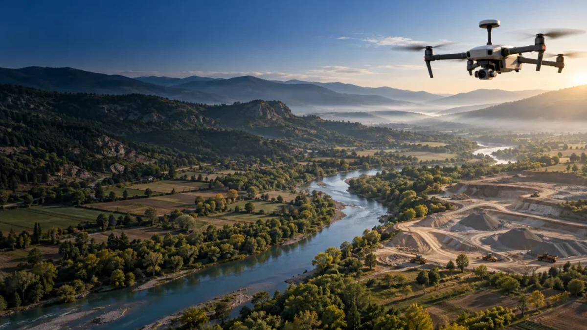 Durağan vadi ve açık şantiye alanında veri toplayan RTK haritalama dronu temsili