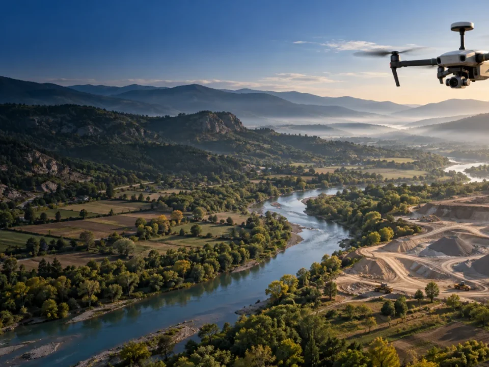 Durağan vadi ve açık şantiye alanında veri toplayan RTK haritalama dronu temsili