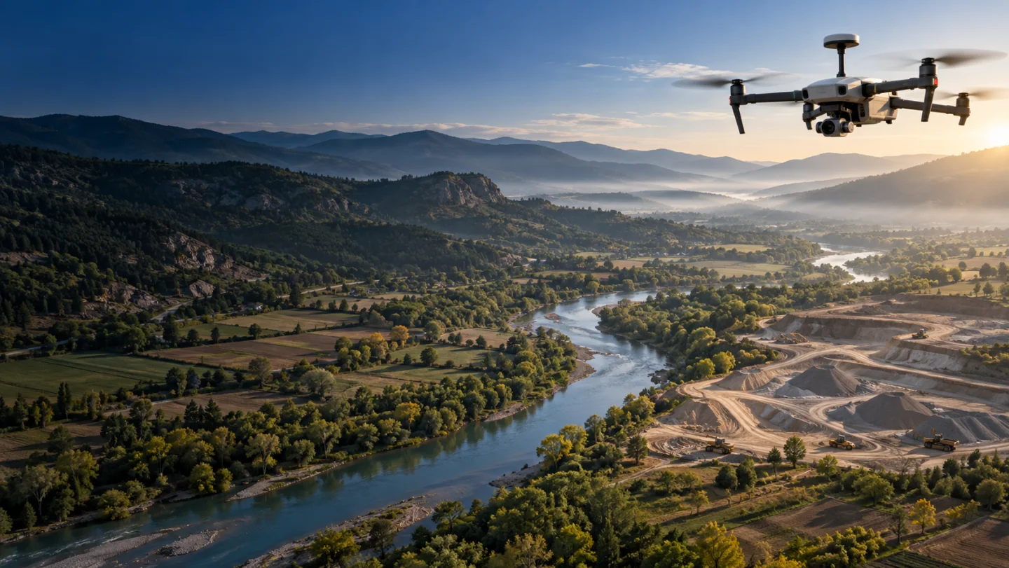 Durağan vadi ve açık şantiye alanında veri toplayan RTK haritalama dronu temsili