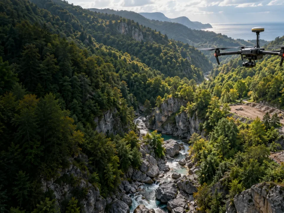 Erfelek orman eşiği ve dere koridorunda ölçüm yapan RTK haritalama dronu temsili