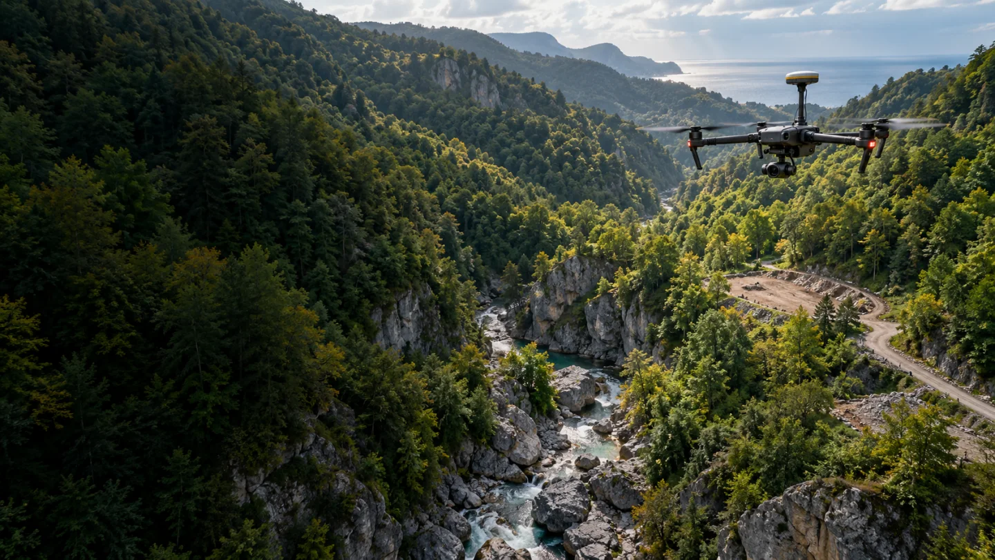 Erfelek orman eşiği ve dere koridorunda ölçüm yapan RTK haritalama dronu temsili
