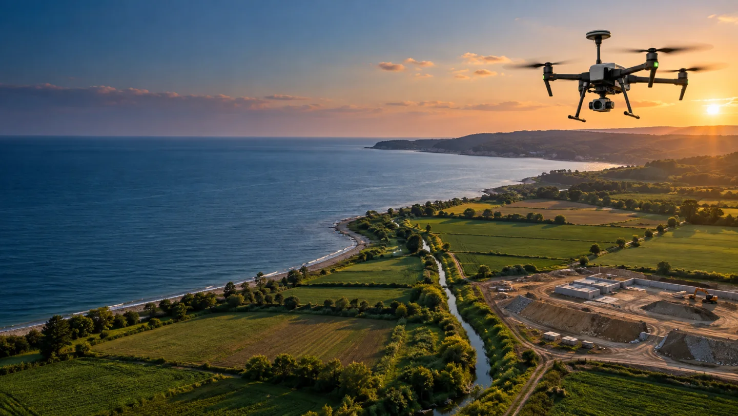Gerze kıyı ovasında açık alan ve drenaj koridorunu ölçen RTK haritalama dronu temsili