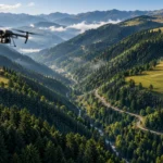Ormanlı yamaç, açık çayır ve kırsal yol üzerinde haritalama drone’unun temsilî illüstrasyonu