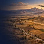 Tarımsal çalışma alanı ve açık sırtların üzerinde drone haritalama planını anlatan temsilî illüstrasyon