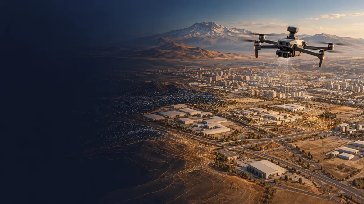 Kocasinan için tesis katmanları ve ortak koordinat kontrolünü anlatan temsilî drone haritalama illüstrasyonu