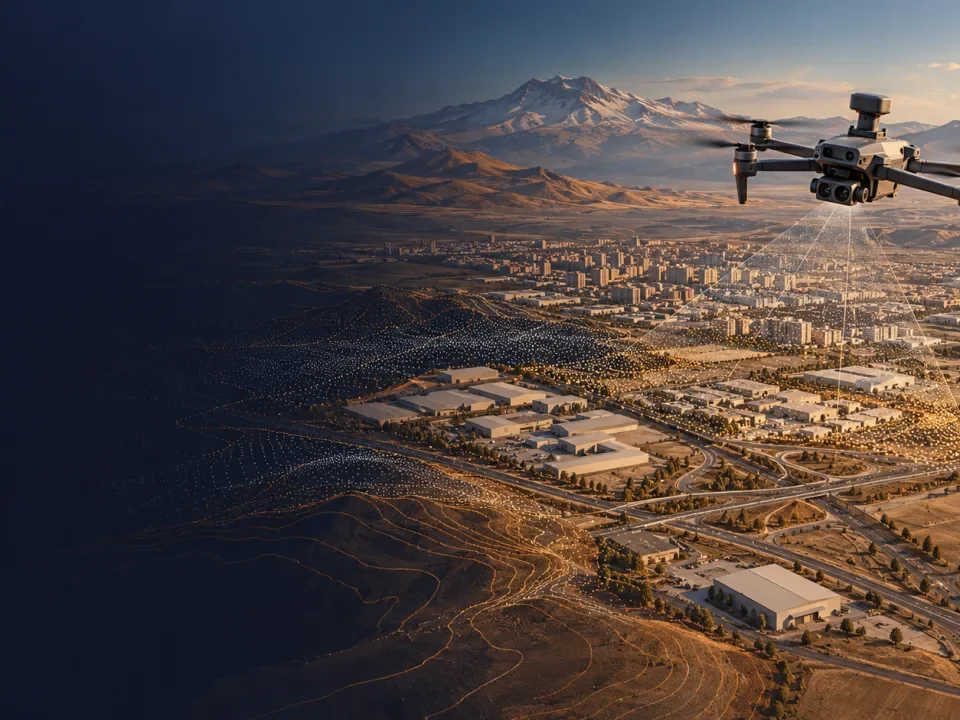 Melikgazi kent bağlamında çatı ve zemin katmanlarını ayıran temsilî drone haritalama görseli