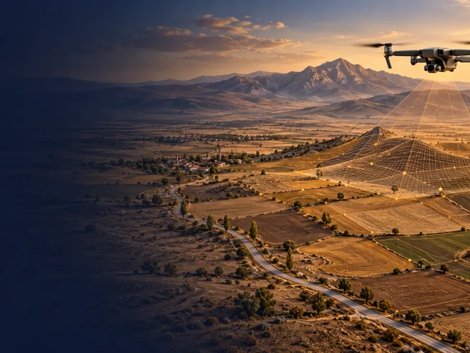 Sarıoğlan rehberi için açık tarım arazisi ve kırsal yol üzerinde drone haritalamayı temsil eden illüstrasyon
