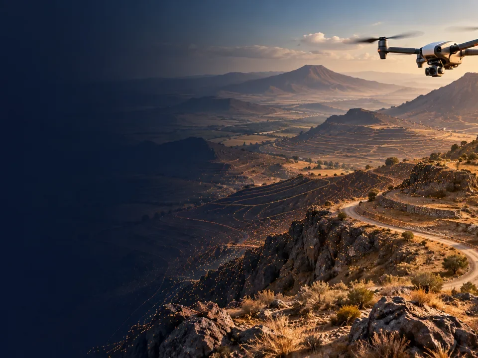 Talas için vadi ve plato geçişini kesit çizgileriyle gösteren temsilî drone haritalama illüstrasyonu