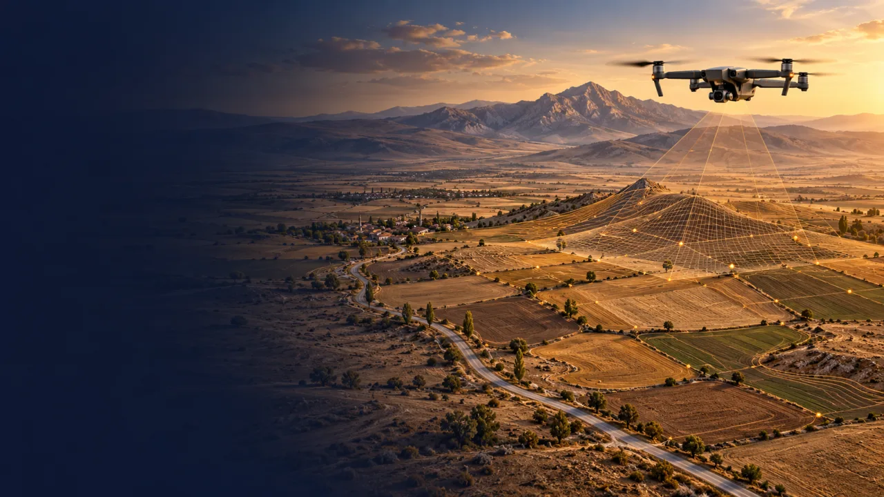Tomarza için açık tarım parsellerinde bitki örtüsü ve çıplak zemin farkını anlatan temsili drone haritalama illüstrasyonu