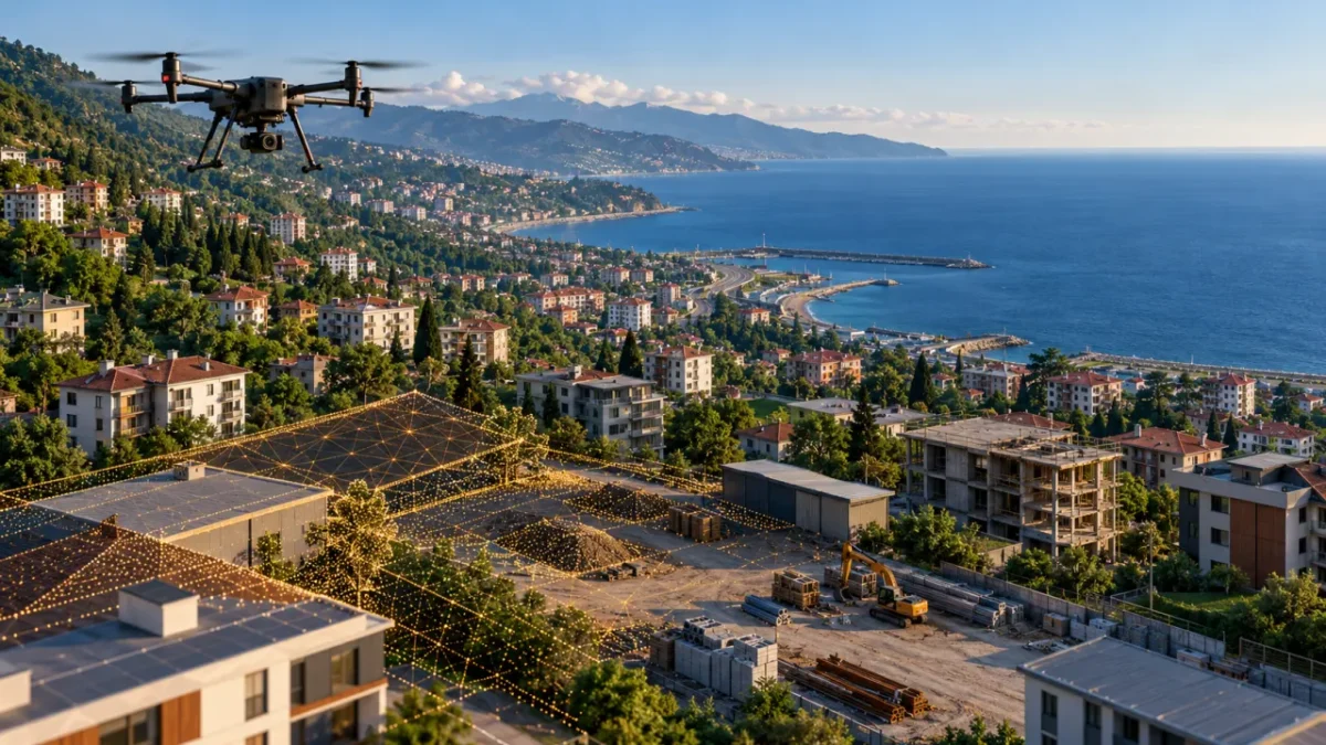 Ortahisar teknik rehberinde kullanılan kıyıdaki yamaç kent ve yapı dokusunun temsili illüstrasyonu