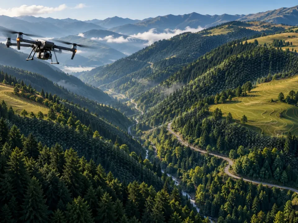 Engebeli vadide yerleşim bağlantı koridoru için drone haritalamayı anlatan temsilî çizim