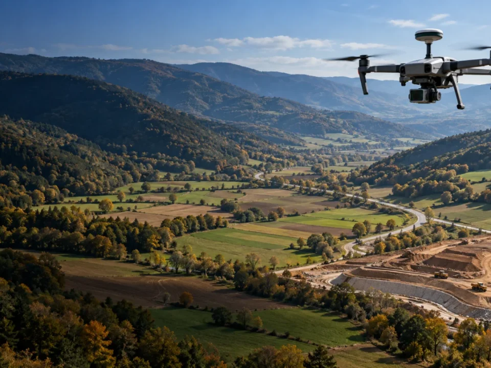 Saraydüzü kırsal vadi ve açık koridorunda ölçüm yapan RTK haritalama dronu temsili