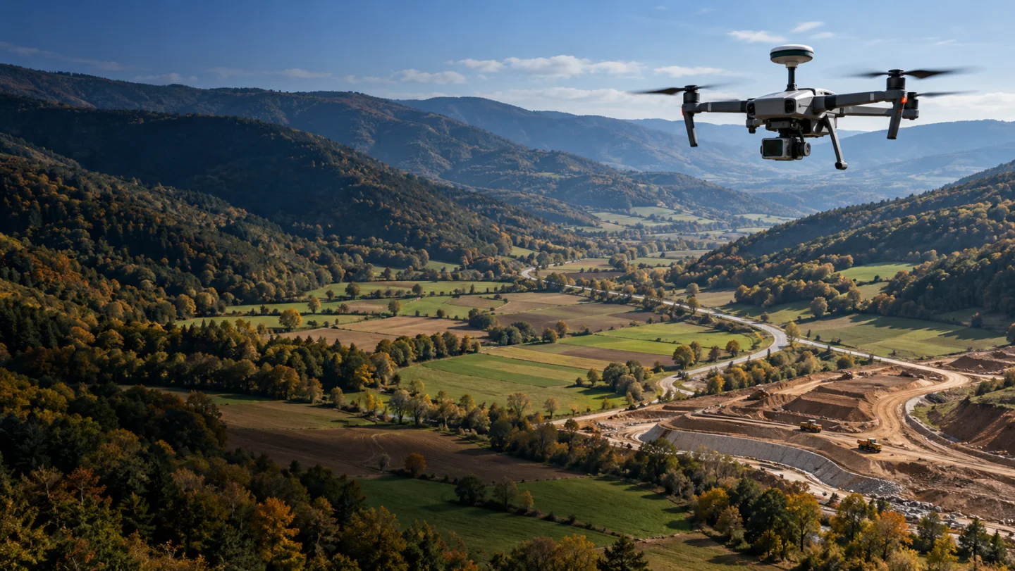 Saraydüzü kırsal vadi ve açık koridorunda ölçüm yapan RTK haritalama dronu temsili