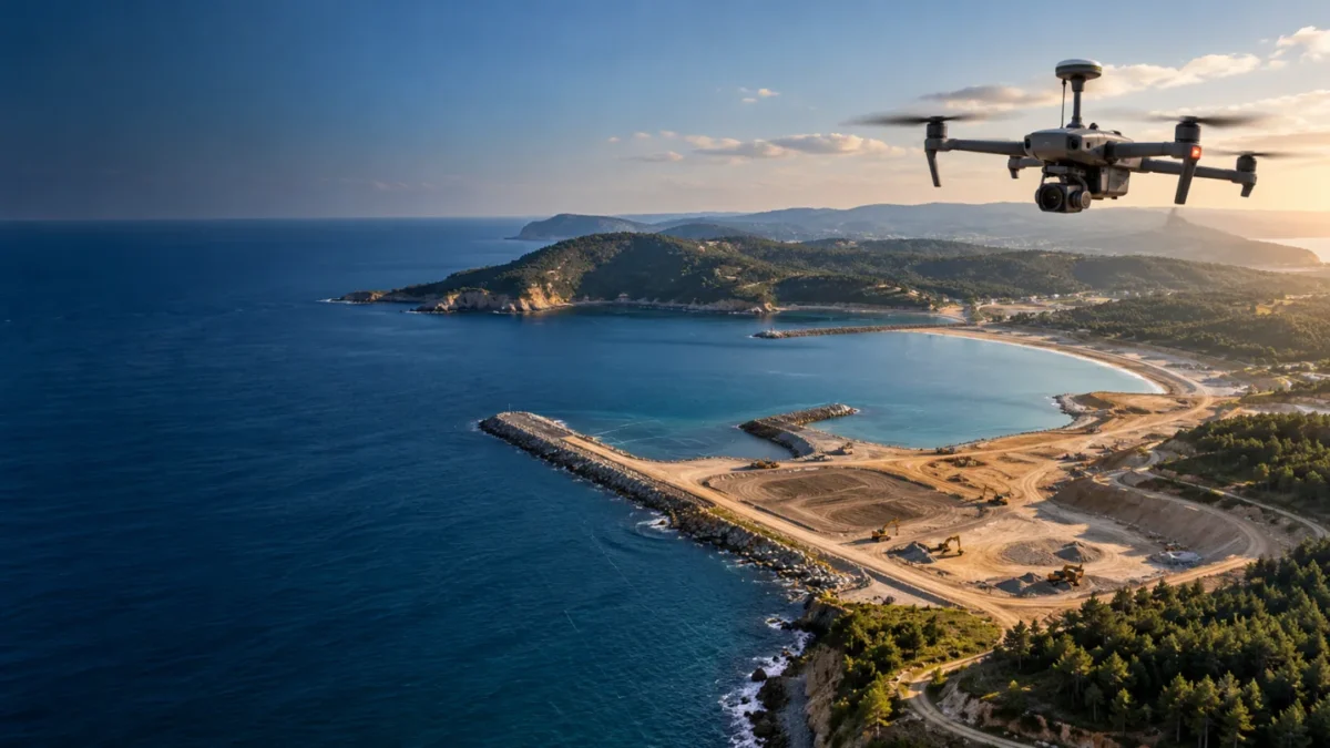 Sinop kıyısında açık üstyapı alanını ölçen RTK haritalama dronu temsili