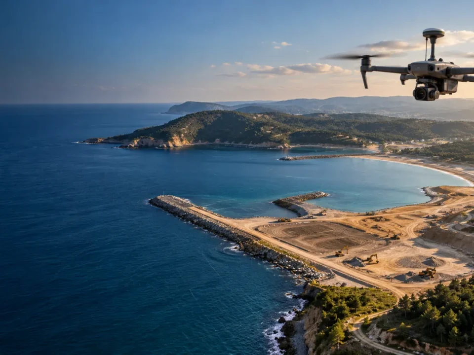 Sinop kıyısında açık üstyapı alanını ölçen RTK haritalama dronu temsili
