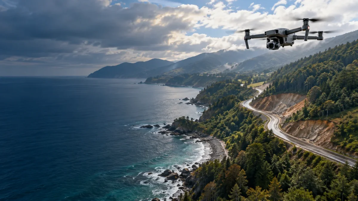 Türkeli kıyı yolu ve orman eşiğinde ölçüm yapan RTK haritalama dronu temsili