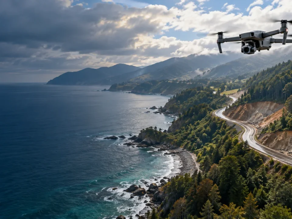 Türkeli kıyı yolu ve orman eşiğinde ölçüm yapan RTK haritalama dronu temsili